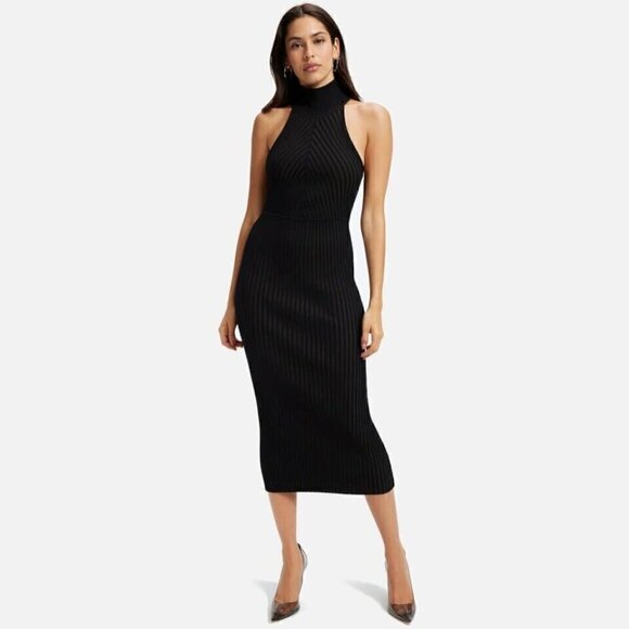 NWT Good American Angled Rib Mock Halter Bodycon Midi Dress Black XSmall/Small - Picture 1 of 15
